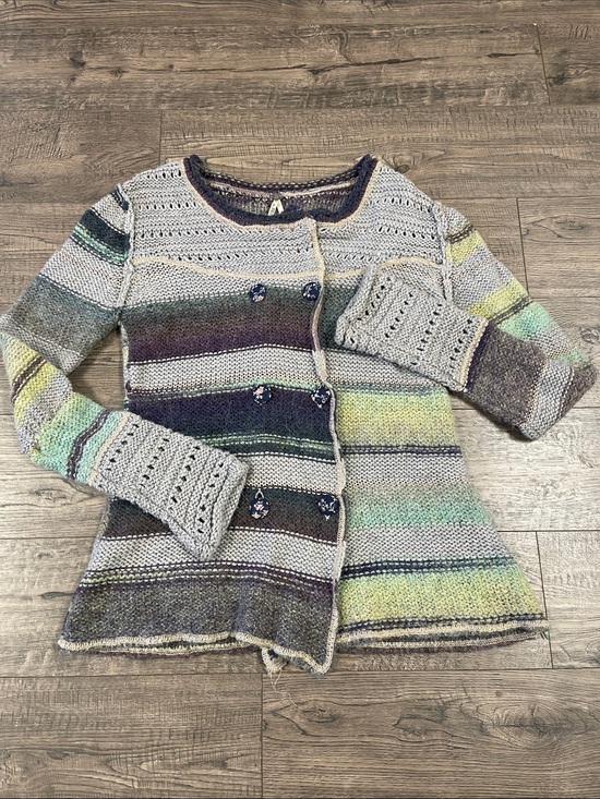 BKE Sweaters - BKE Multicolor Striped Crochet Cardigan in Gray, Green, Blue, Purple